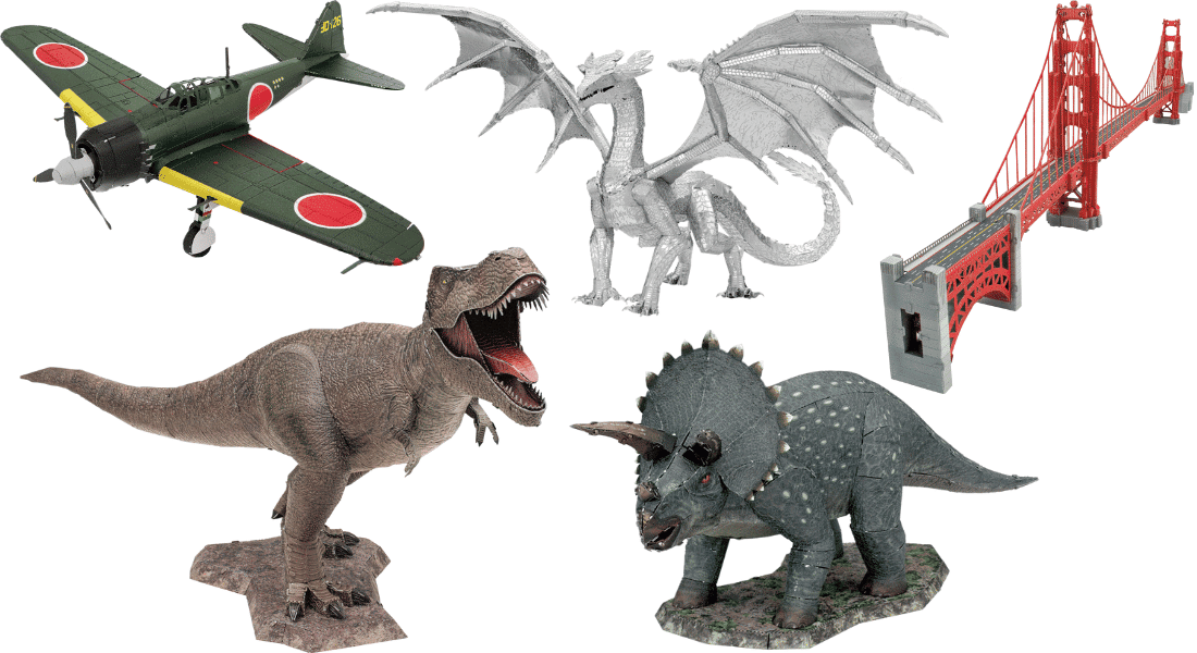 nieuwe metal earth sets golden gate, mitsubishi zero en dino's (1)